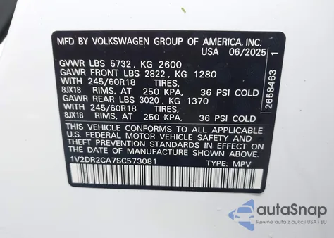 2025 Volkswagen Atlas 2.0T Se from USA, damaged, VIN 1V2DR2CA7SC573081